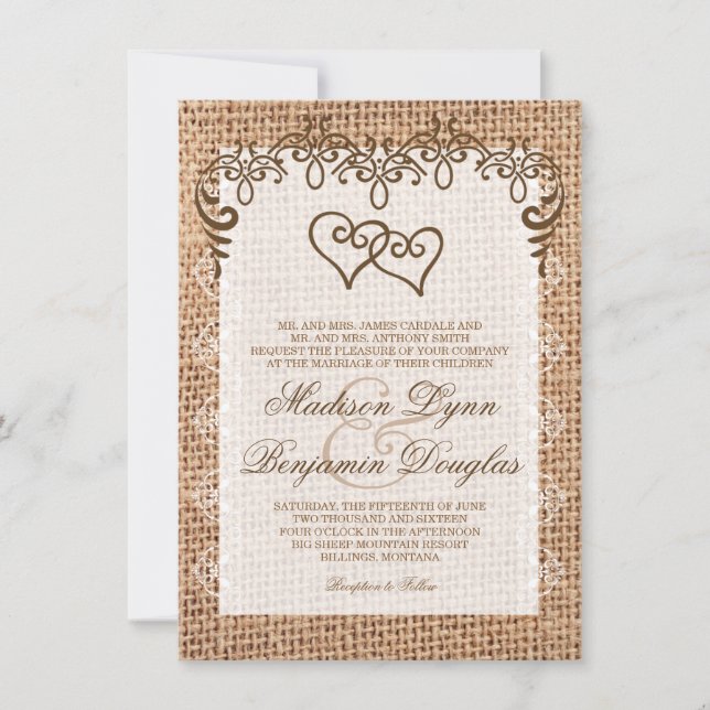 Double Coeur Rustique Burlap Invitations de mariag (Devant)