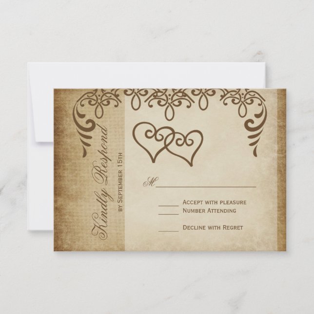 Double Coeurs Rustique Burlap Wedding Cartes RSVP (Devant)