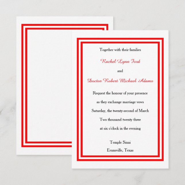 Double encadrement rouge - Invitation de mariage 3 (Devant / Derrière)