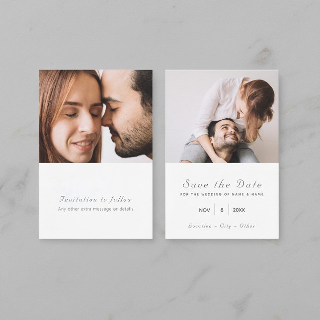 Double photo moderne enregistrer la carte date (Double photo modern save the date card with message and dates.)