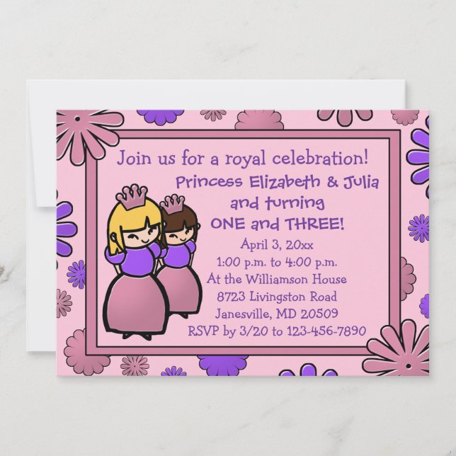 Double princesse rose et violet Invitation d'anniv (Devant)