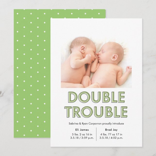 Double problème Green Twins Baby Faire-part (Devant / Derrière)