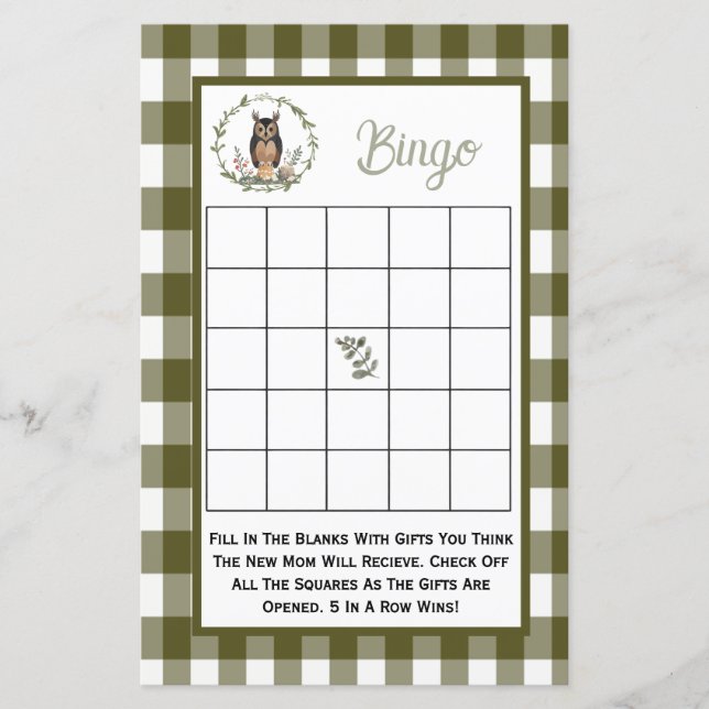 Double sided baby shower games minimalist woodland (Devant)