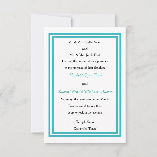 Double Teal Trim - Invitation de mariage 3x5 (Devant)