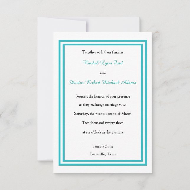 Double Teal Trim - Invitation de mariage 3x5 (Devant)