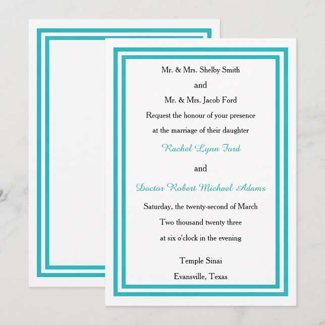 Double Teal Trim - Invitation de mariage 5x7 (Devant / Derrière)