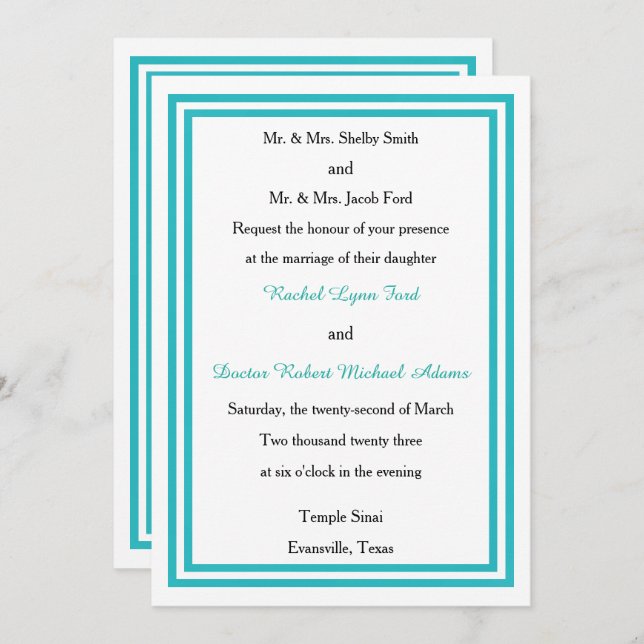 Double Trim Turquoise -5x7 Faire-part de mariage (Devant / Derrière)