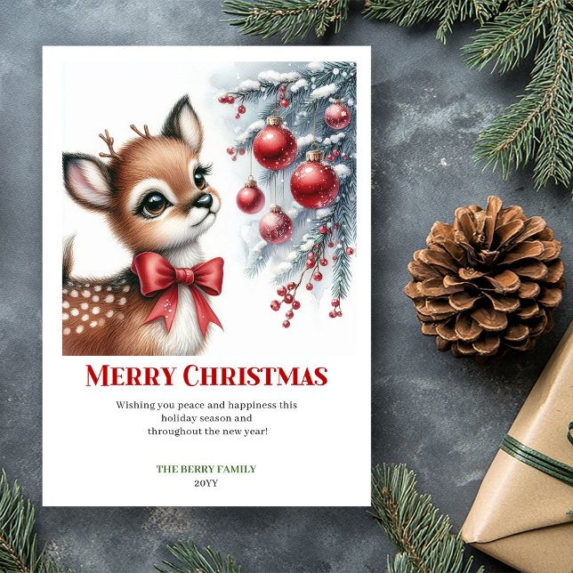 Douce carte de vœux d'hiver avec un bébé cerf dans (Send warm holiday wishes with this serene watercolor Christmas greeting card featuring an adorable b)