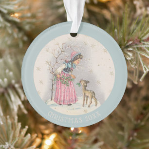 Douce Fille au Faon de Noël Scène Vintage