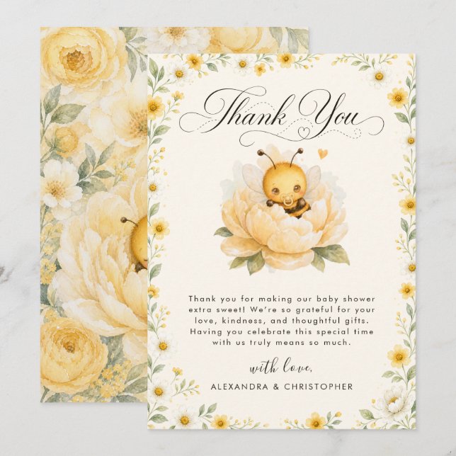 Douce fleur de bébé abeille jaune aquarelle Merci (Devant / Derrière)