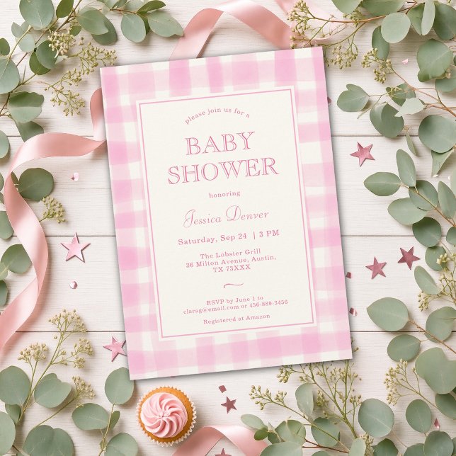 Douce Invitation Classique Rose à Carreaux pour Ba (Cute Classic Pink Gingham Baby Shower Invitation)