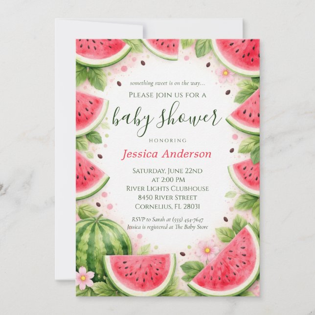 Douce Invitation de Baby Shower Corail Pastèque Aq (Devant)