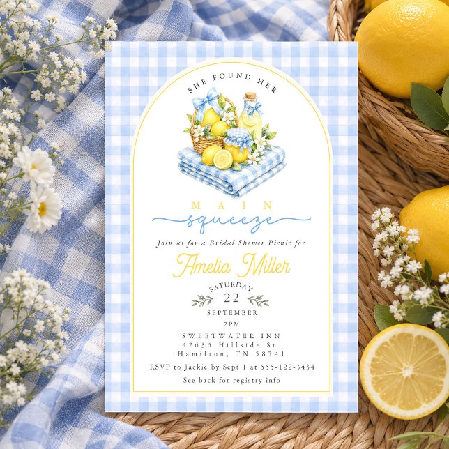 Douce Invitation de Fête de Fiançailles au Citron  (Blue Gingham Bow Lemon Picnic Bridal Shower Invitation)