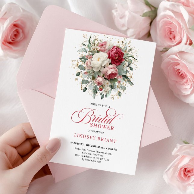 Douce Invitation de Mariage Bohème Romantique Roug (Timeless Boho Crimson Red White Greenery Shower)