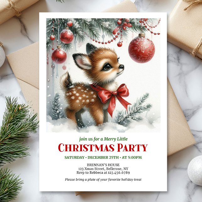 Douce invitation de Noël à l'aquarelle pour bébé c (Sweet baby deer watercolor Christmas invitation printable template)