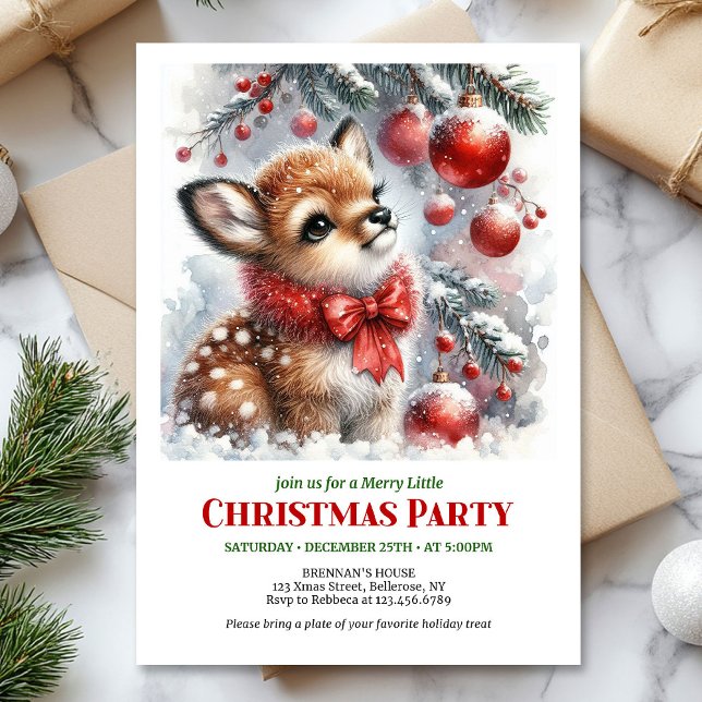 Douce invitation de Noël à l'aquarelle pour bébé c (Sweet baby deer watercolor Christmas invite editable template)