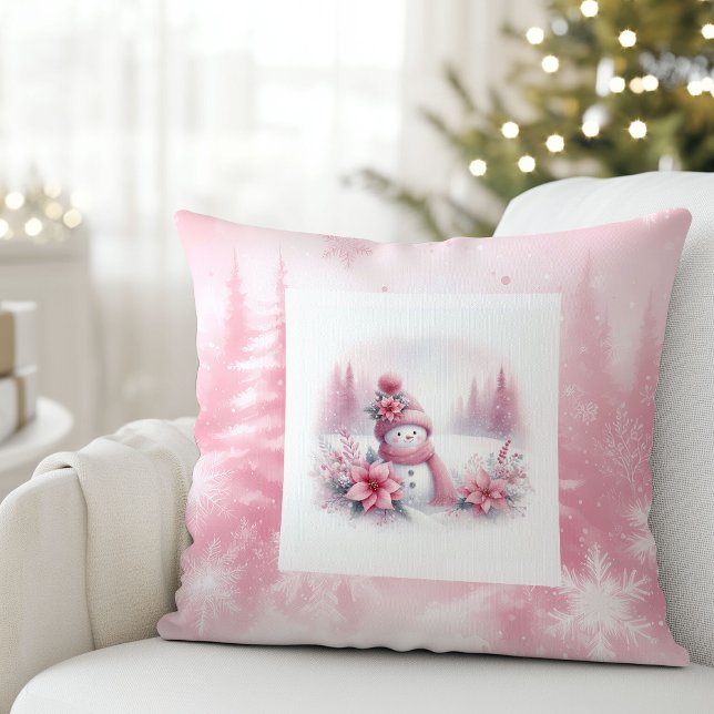 Douce oreiller de neige de Noël forêt rose Pinkmas (Soft Pinkmas Christmas Forest Snowman Pillow)