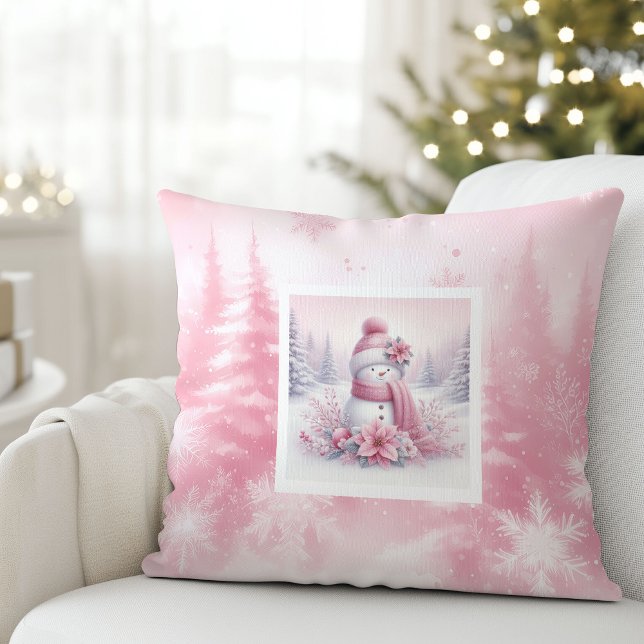 Douce oreiller de neige rose de Noël forêt (Soft Pinkmas Christmas Forest Snowman Pillow)