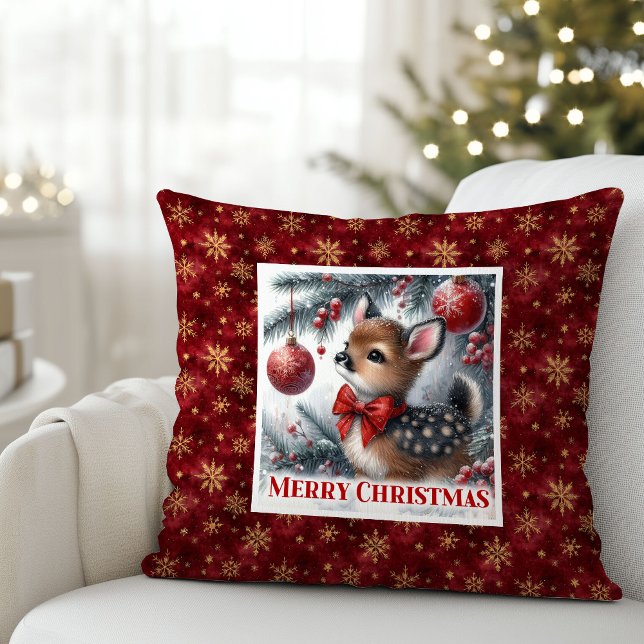 Douce oreiller de Noël bébé faon forêt enneigée  (Sweet snowy forest baby fawn Christmas pillow (49))