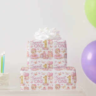 Douce Papillon Rose Papier Cadeau 1er Anniversaire