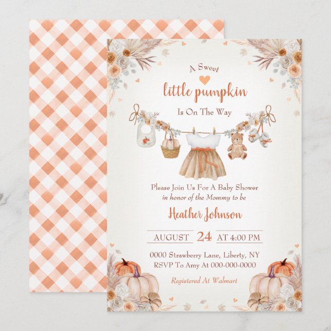 Douce petite citrouille, invitation à la baby show (Devant / Derrière)