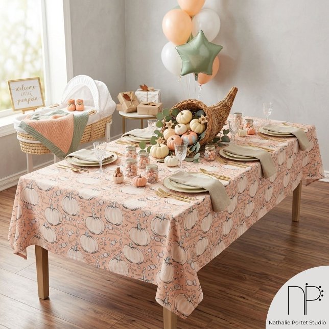 Douce petite nappe de Halloween pastel citrouille (Hand drawn pastel pumpkin tablecloth for baby showers, first Halloween, and fall party decor)
