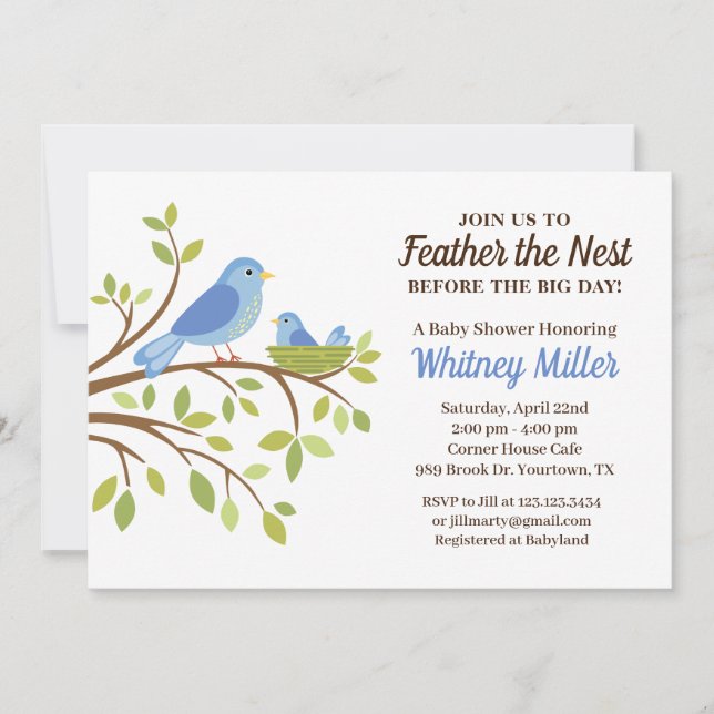 Douce plume le nid Invitation Baby Shower bleu (Devant)