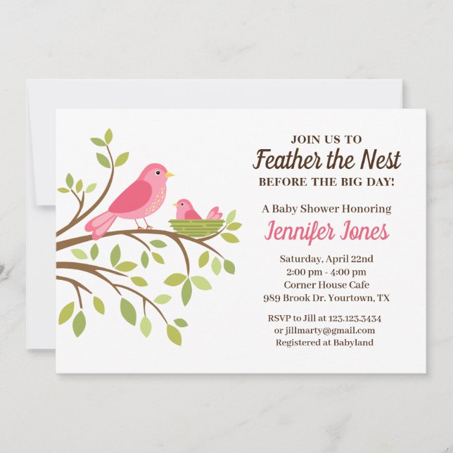 Douce plume le nid Invitation pour Baby Shower ros (Devant)