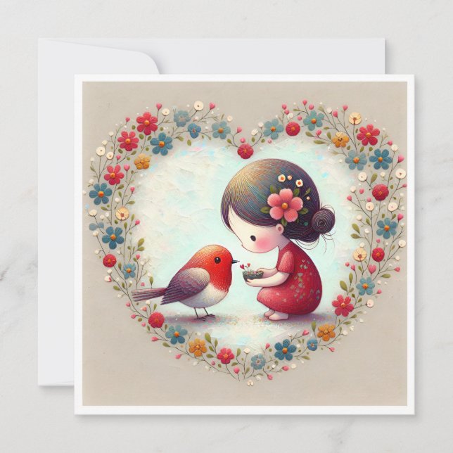 Douce Robin et petite fille Cœur floral (Devant)