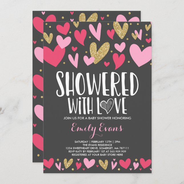 Douche Avec Amour Baby shower Coeurs Invitation (Devant / Derrière)