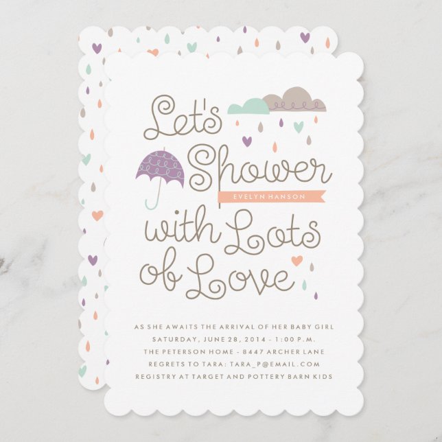 Douche avec Amour Baby shower Invitation - Violet (Devant / Derrière)