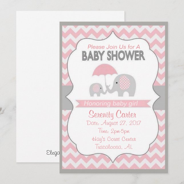 Douche bébé rose et gris pour bébés Invitations (Devant / Derrière)