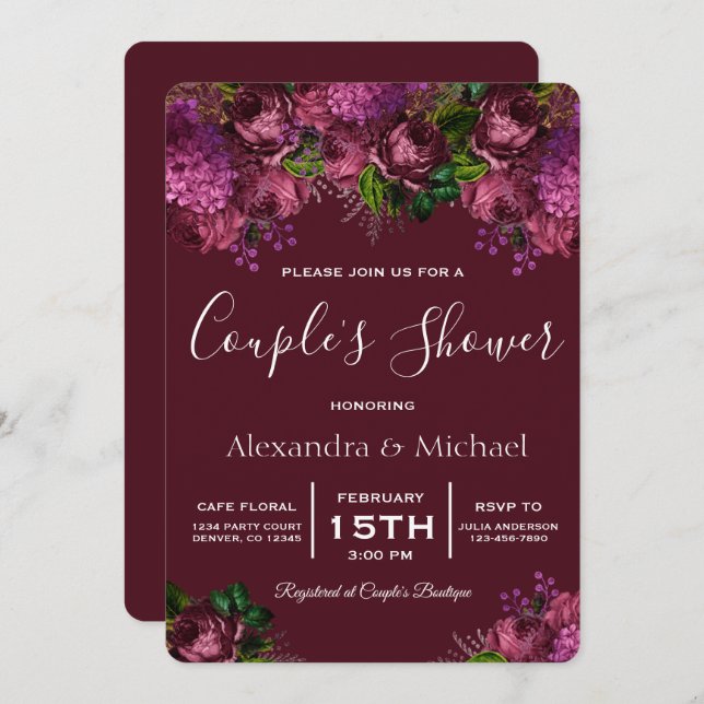 Douche Couple Floral Marsala Bourgogne Invitation (Devant / Derrière)