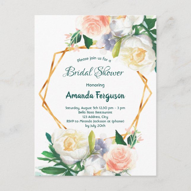 Douche nuptiale aquarelle vert fleuri invitation (Devant)