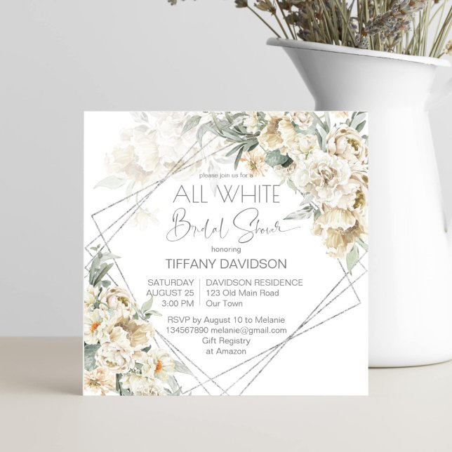 Douche nuptiale blanche argentée cadre floral (White themed bridal shower floral invitation template silver geometrical frame white flowers)