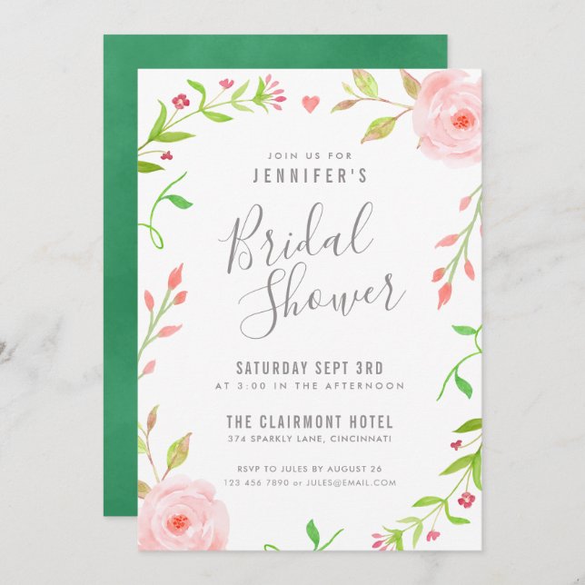 Douche nuptiale fleurie douce Invitation rose et v (Devant / Derrière)