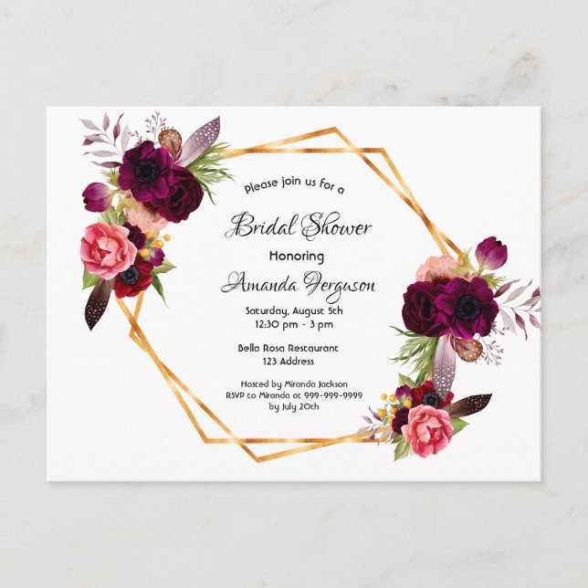 Douche nuptiale sauge vert or bordeaux invitation (Devant)