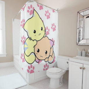 Douche Rideau Chat Kitten Paniers roses Imprimés
