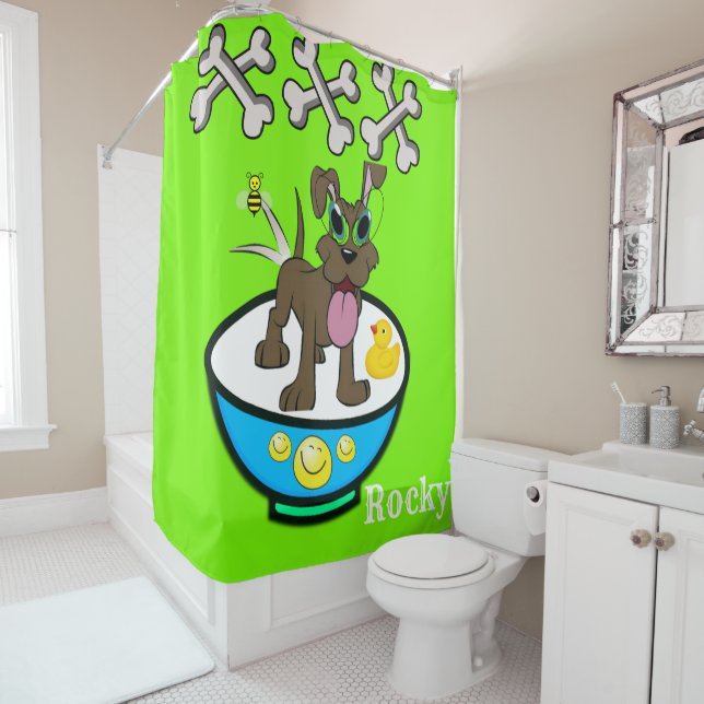 Douche rideau Chien Rocky Bones Canard (En situation)