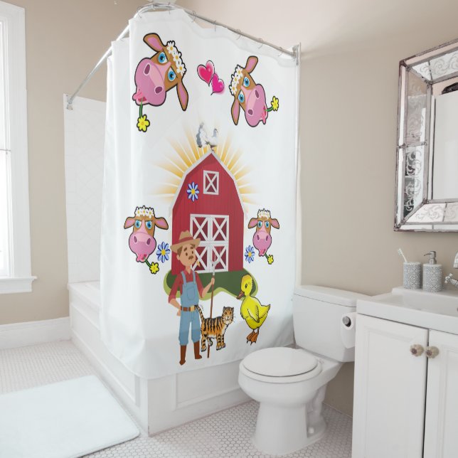 Douche rideau Ferme Maison Jaune Canards Vaches (En situation)