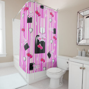 Douche rideau rouge à lèvres rose Coeurs rayés