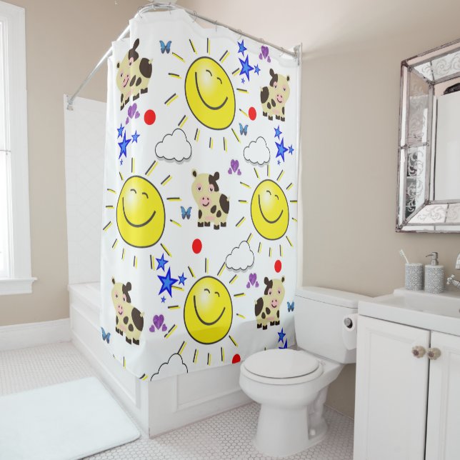 Douche Rideau Vache Soleil Nuages Étoiles (En situation)