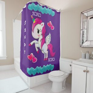 Douche rideau violet licorne bleu Coeurs xoxo