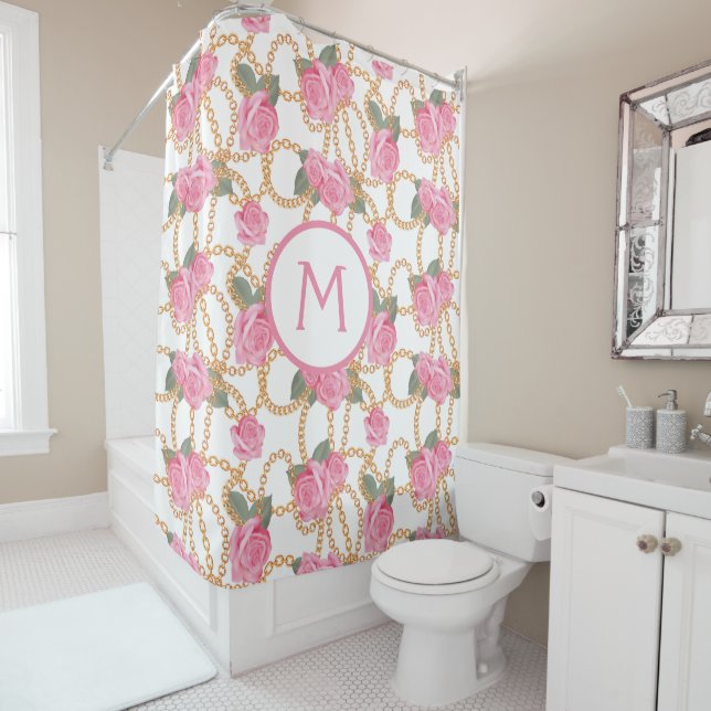 Douche Rideaux De Bain De Luxe - Chaînes De Luxe Roses Ro (En situation)