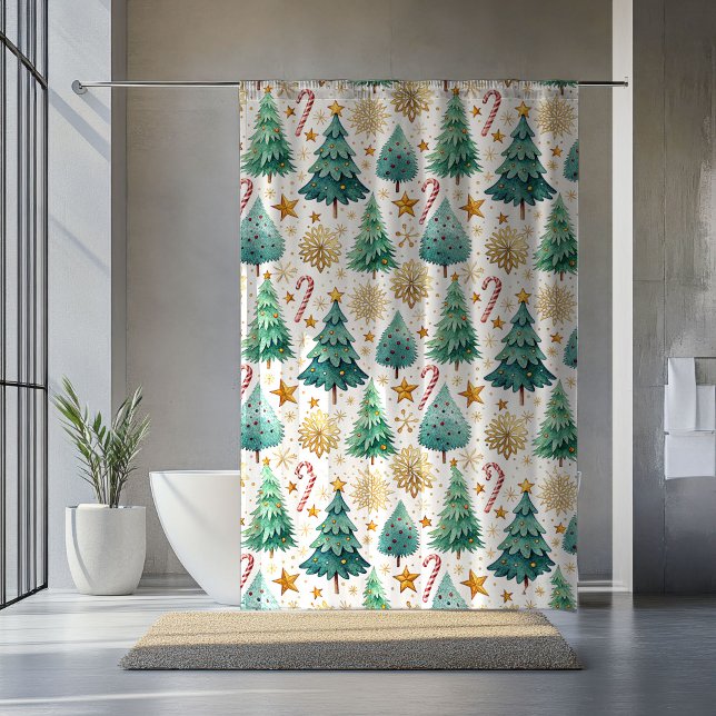Douche Rideaux de Noël modernes et cannes à sucre (Modern Christmas Trees and Candy Canes Curtain)