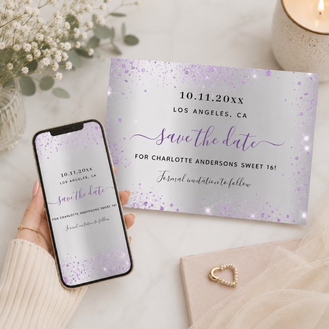Doux 16 argent violet enregistrer la date (Créateur téléchargé)