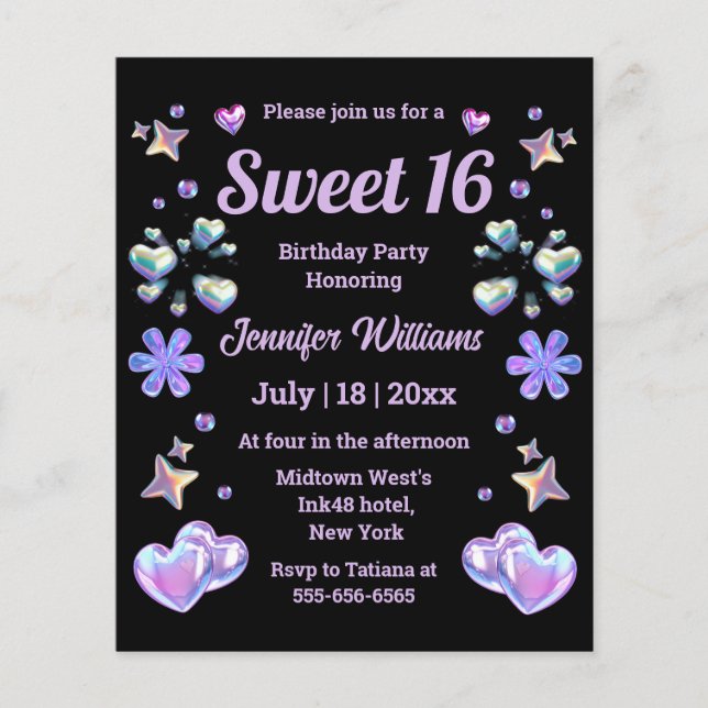 doux 16 élégant rose noir poupée invitation (Devant)