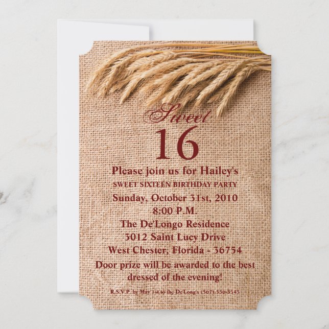 Doux 16 Invitation d'anniversaire blé sur Burlap S (Devant)