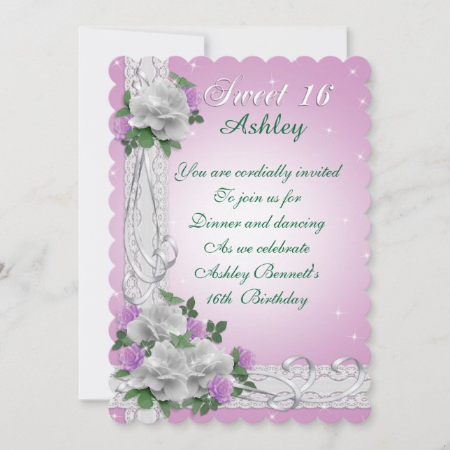 Doux 16 invitation roses blanches et dentelle rose (Devant)