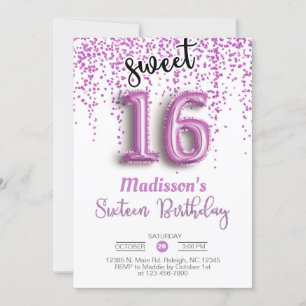 Doux 16 seize ballons violets invitation d'anniver